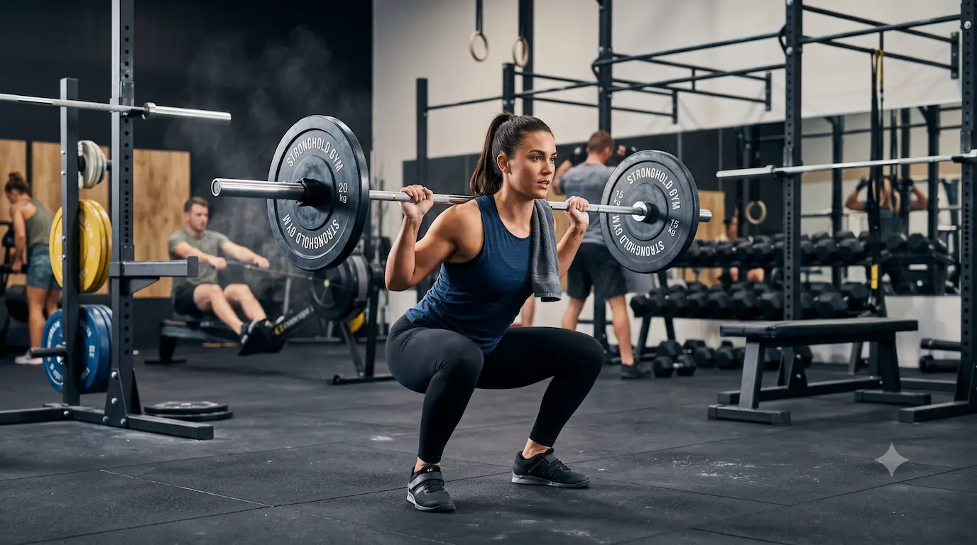 Mujer haciendo sentadillas con barra en el gimnasio